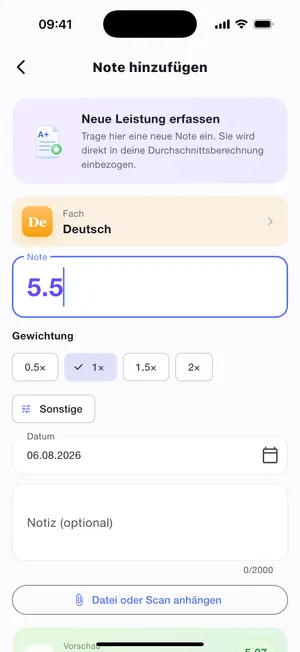 Note erfassen: Wert, Faktor, Datum und Auswirkungsvorschau