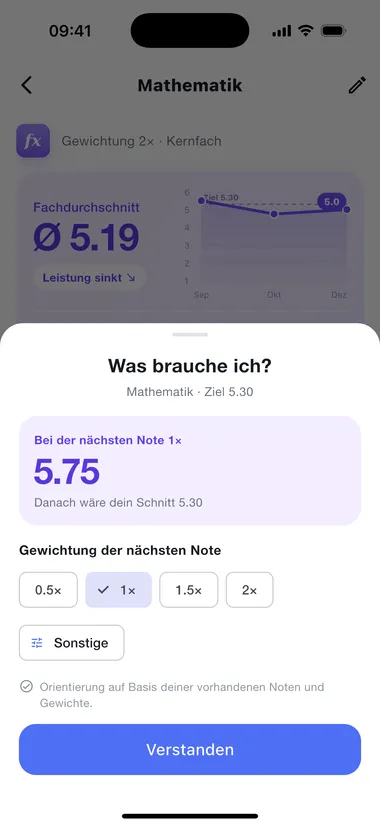 «Was brauche ich?» rechnet die Note der nächsten Prüfung aus