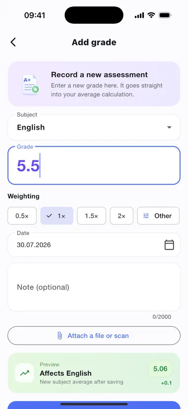 Adding a grade: value, factor, date and a preview of the effect
