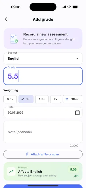 Adding a grade: value, factor, date and a preview of the effect
