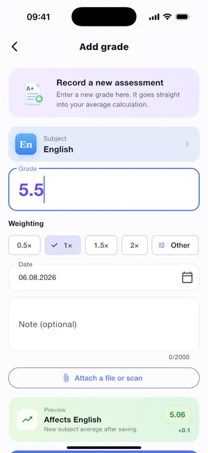 Adding a grade: value, factor, date and a preview of the effect