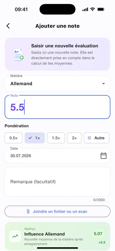 Saisir une note : valeur, facteur, date et aperçu de l'effet