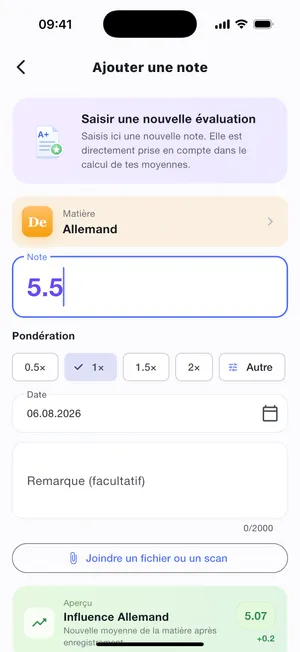 Saisir une note : valeur, facteur, date et aperçu de l'effet