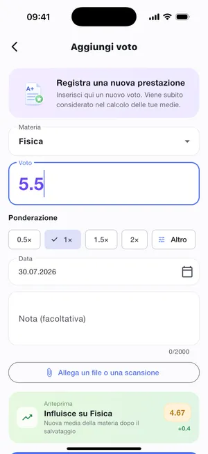 Registra un voto: valore, fattore, data e anteprima dell'effetto