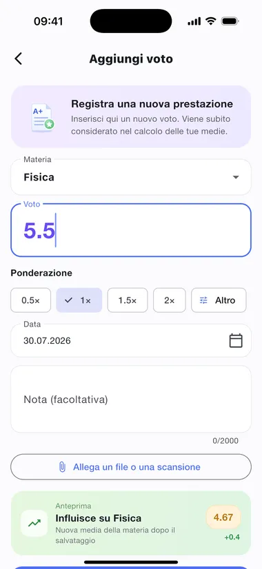 Registra un voto: valore, fattore, data e anteprima dell'effetto