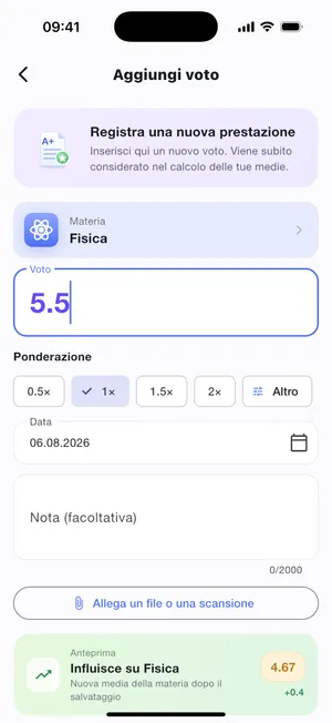 Registra un voto: valore, fattore, data e anteprima dell'effetto